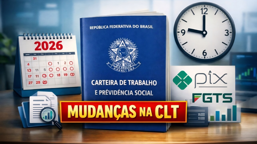 Mudancas trabalhistas previstas para 2026 alteram jornada, salário mínimo, trabalho em feriados, saúde mental e fiscalizacão do FGTS com Pix.